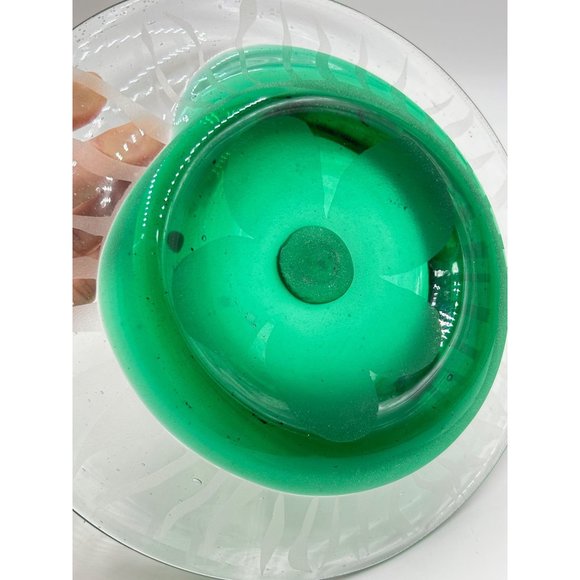 Green Art Glass Decorative Plate Dish Hand Made & Etched Clear Green Swirled - Picture 9 of 10